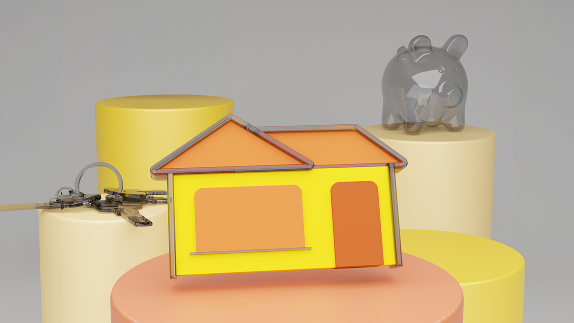 a house, a set of keys and an empty piggy bank