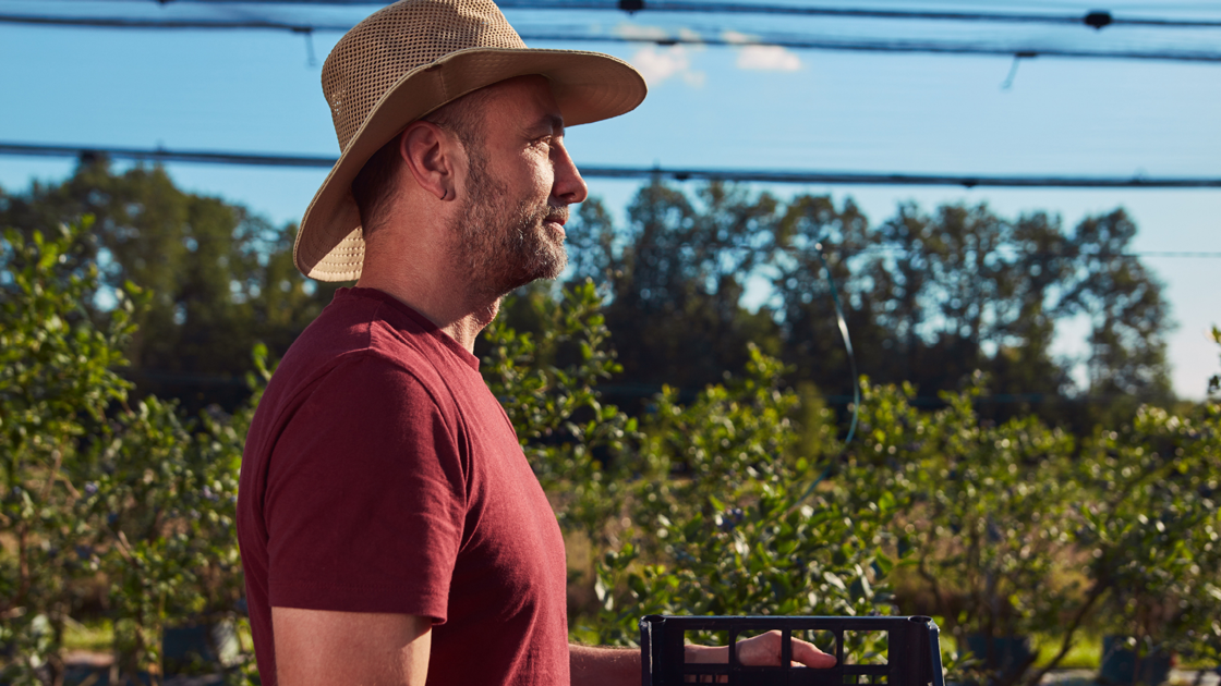 decorative image of a man wearing a cowboy hat standing in front of trees