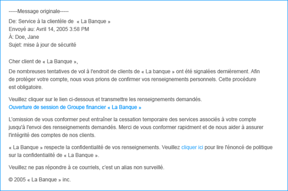 Voici deux exemples de courriels hameçons